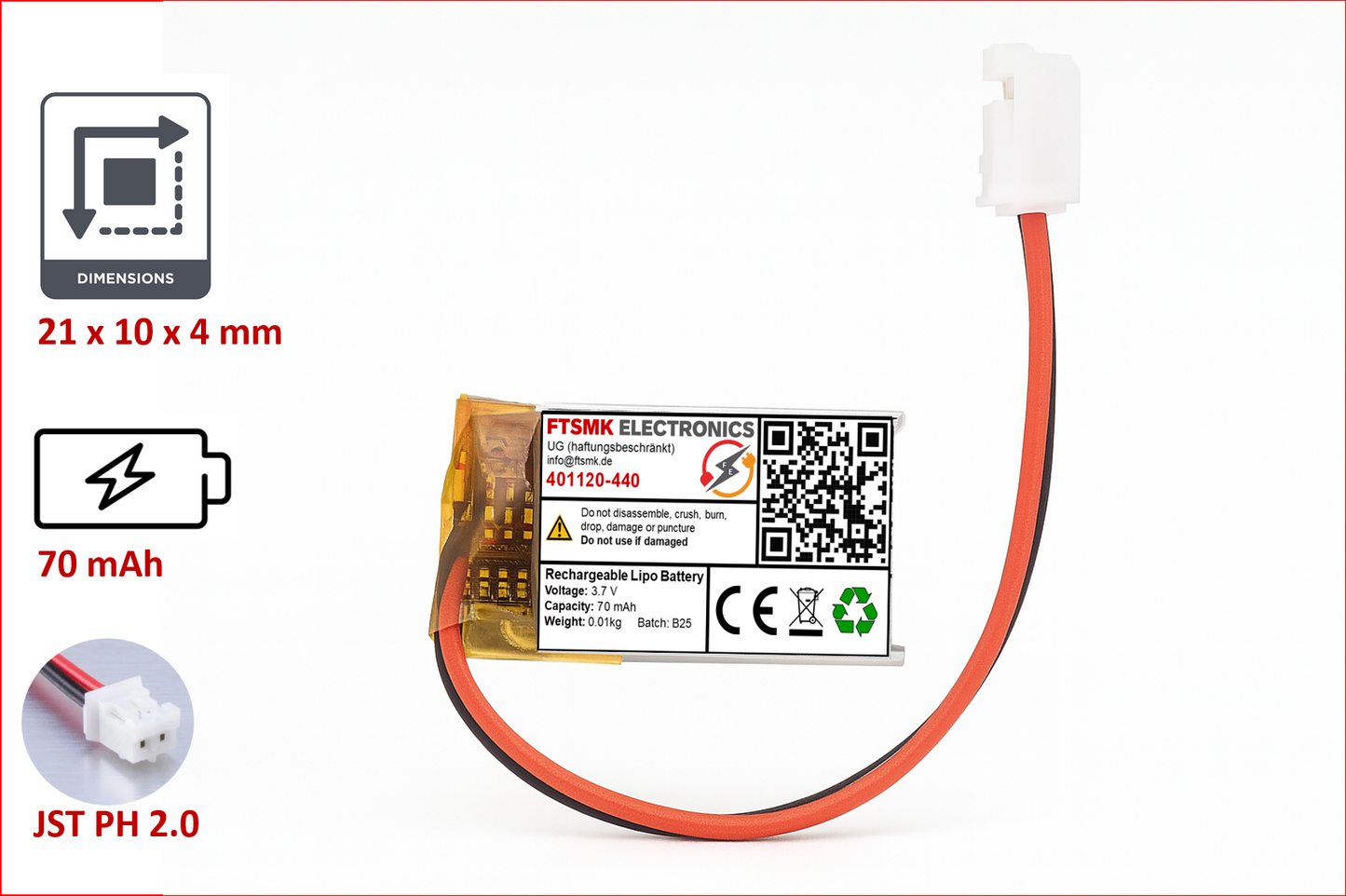 50mAh / 501215 / 16x10x5 mm