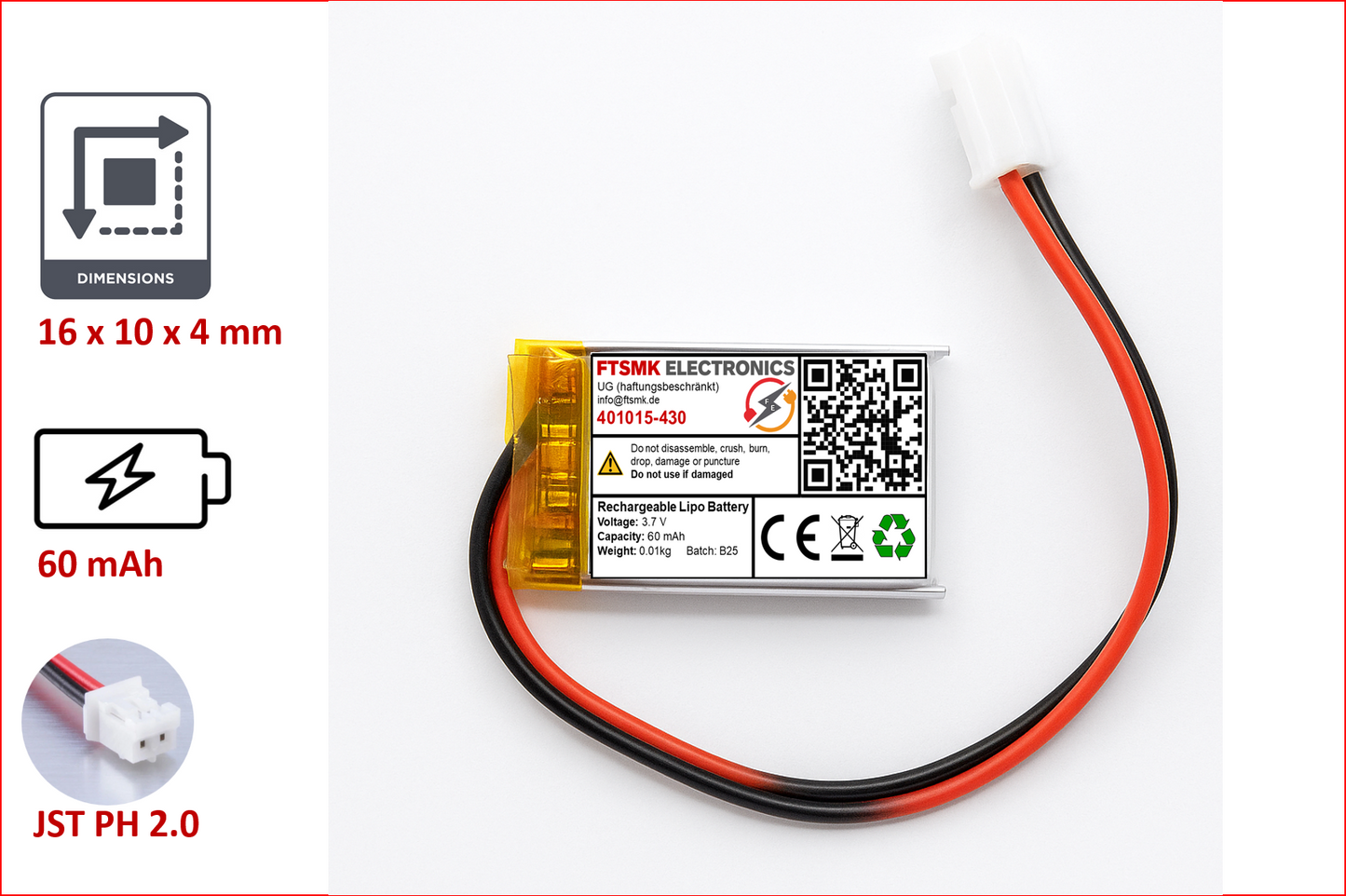 Lithium-Ion Polymer 3,7V Akku - Stecker: JST-PH 2.0