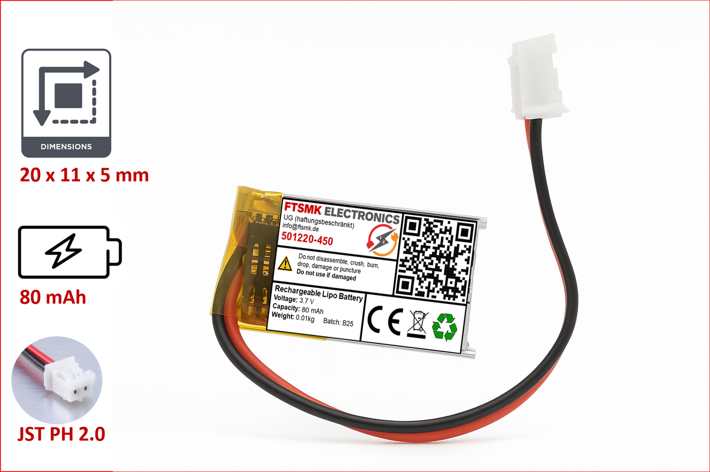 Lithium-Ion Polymer 3,7V Akku - Stecker: JST-PH 2.0