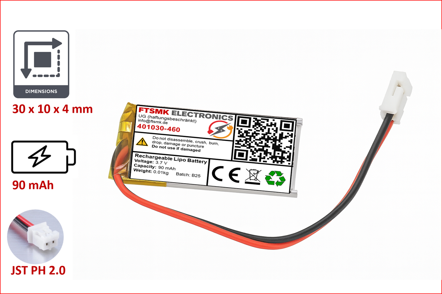 Lithium-Ion Polymer 3,7V Akku - Stecker: JST-PH 2.0
