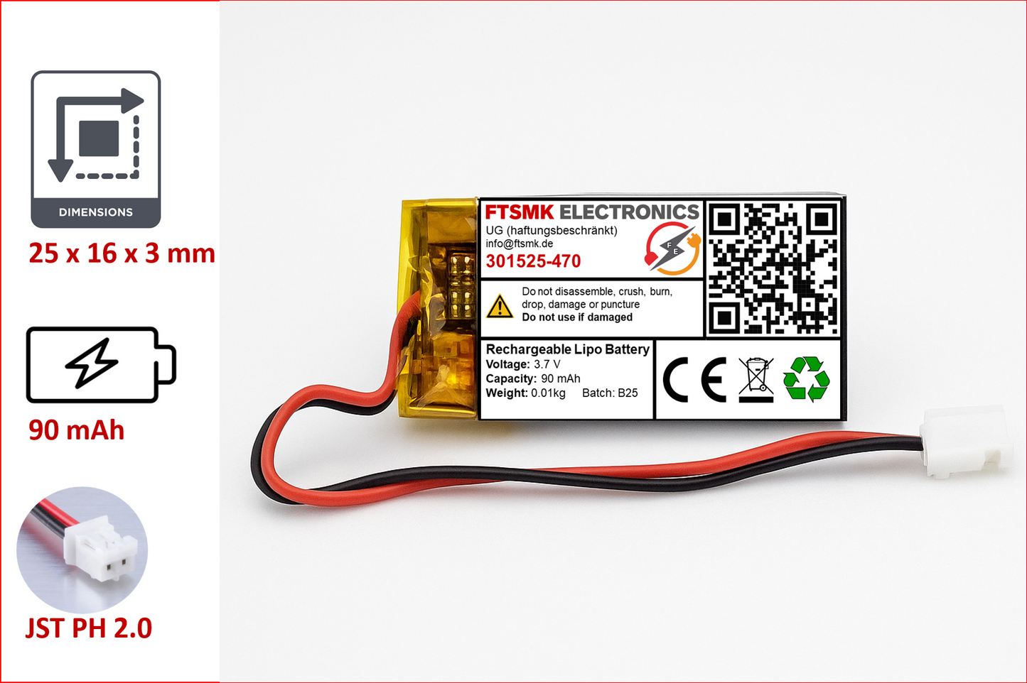 Lithium-Ion Polymer 3,7V Akku - Stecker: JST-PH 2.0