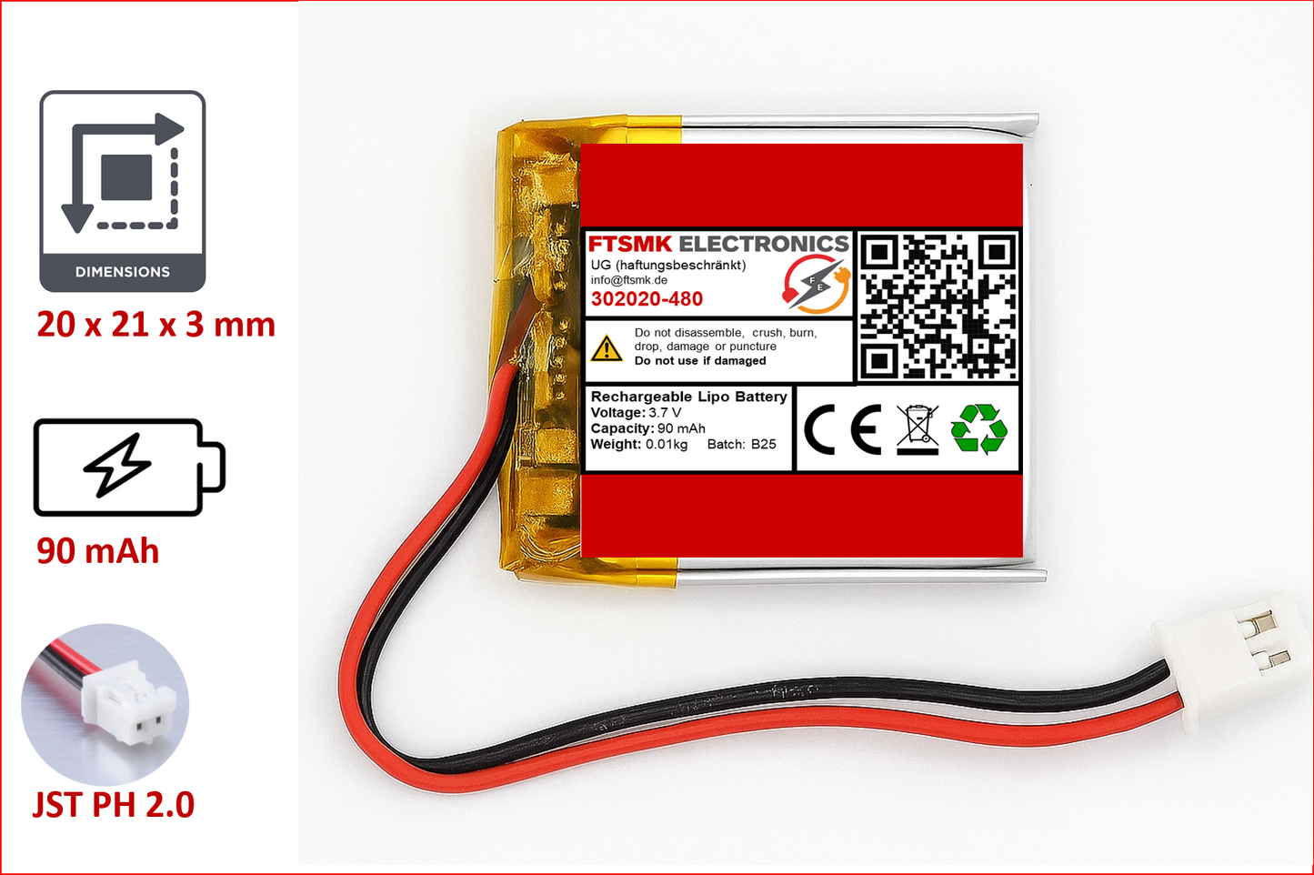 Lithium-Ion Polymer 3,7V Akku - Stecker: JST-PH 2.0