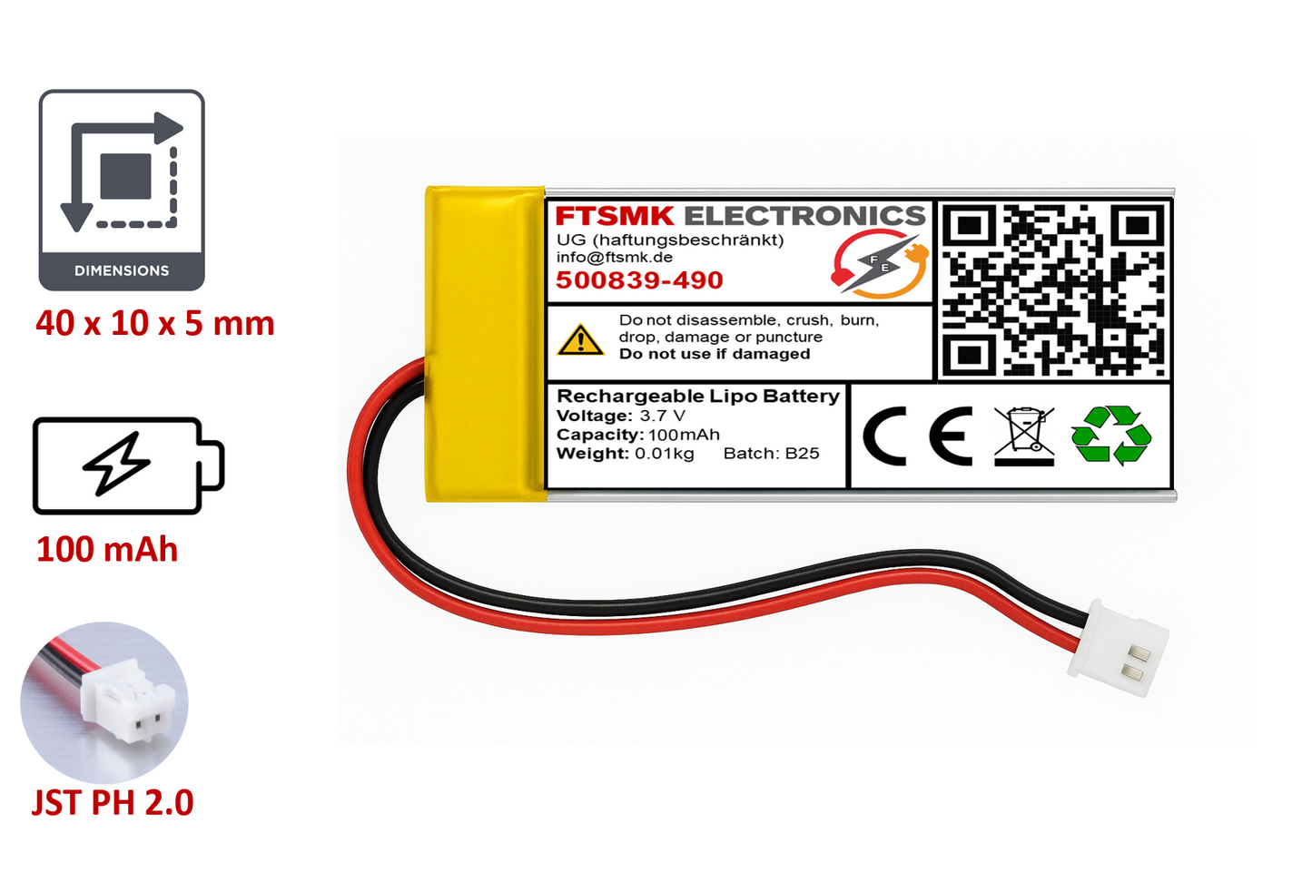 Lithium-Ion Polymer 3,7V Akku - Stecker: JST-PH 2.0